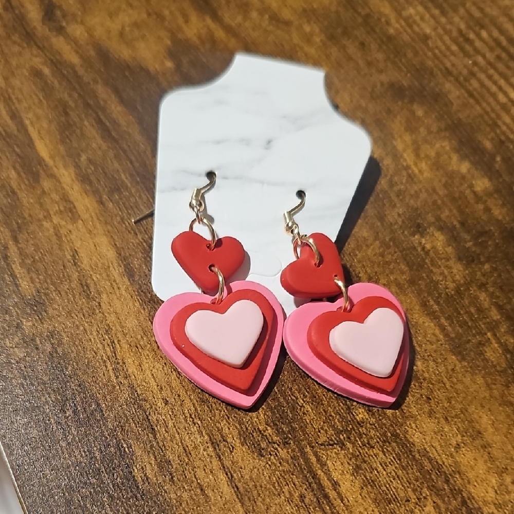 Heart-Shaped Pink and Red Earrings